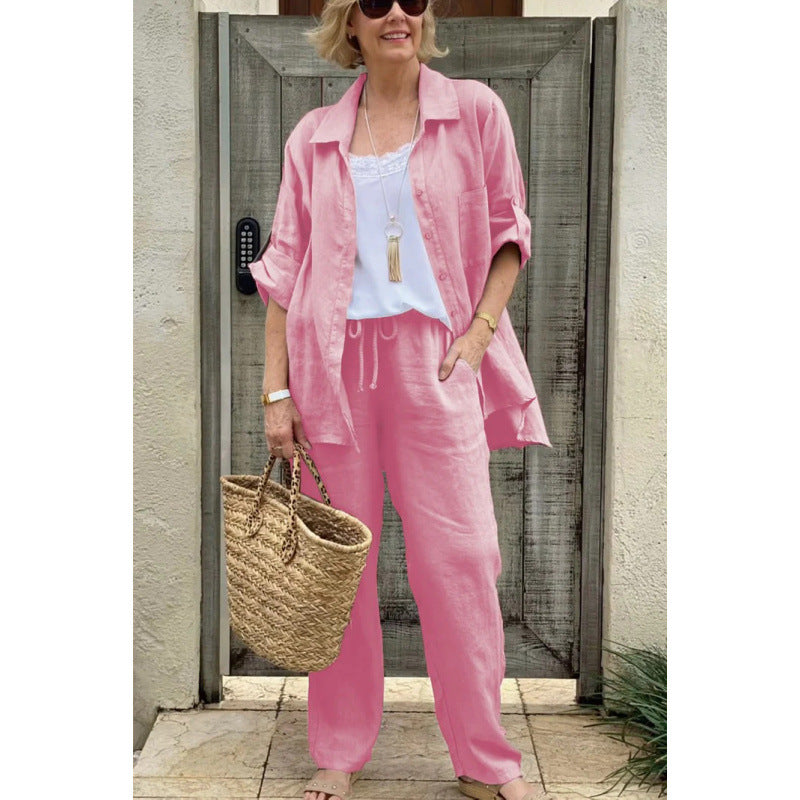 Women's Set with Shirt and Pants – Linen – Relaxed Fit – Buttons – Drawstring