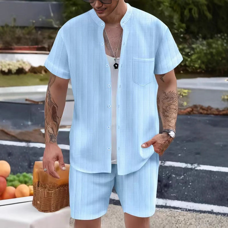 Men's Set – Henley Collar Shirt and Shorts – Lightweight Breathable Relaxed Fit