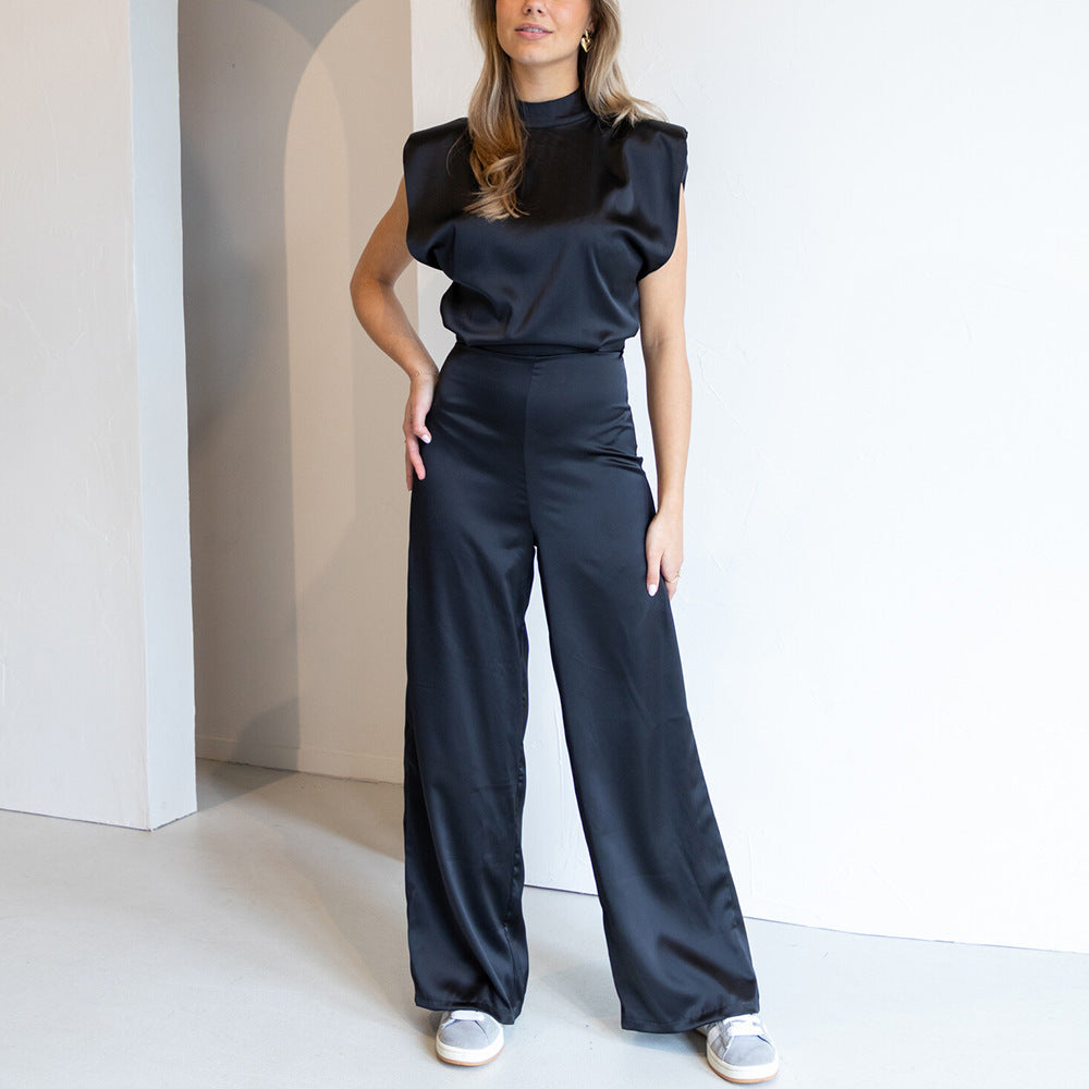 Women's Jumpsuit – Satin-like Fabric – Wide Legs – Sleeveless – Open Back – Relaxed Fit