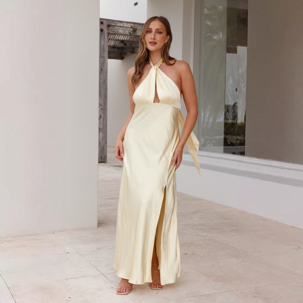 Dress for Women – Satin – Halterneck – Fitted Waist – Front Slits – Full Length