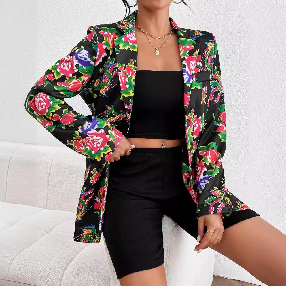 Women's Blazer – Slim Fit – Tailored Cut – Floral Print – Soft Glossy Fabric