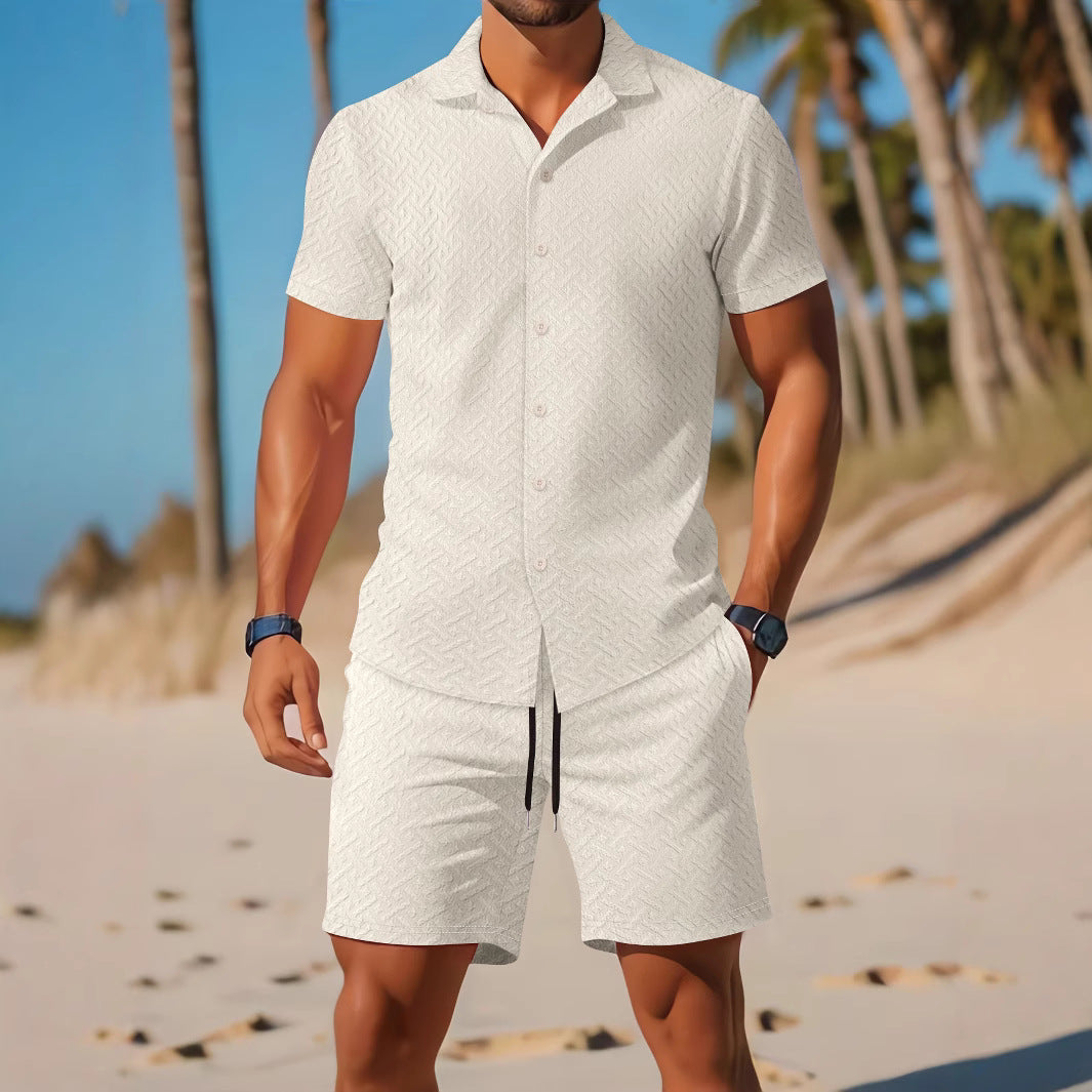 Men's Set Shirt and Shorts – Slim Fit – Lightweight Breathable Fabric – Embossed Texture
