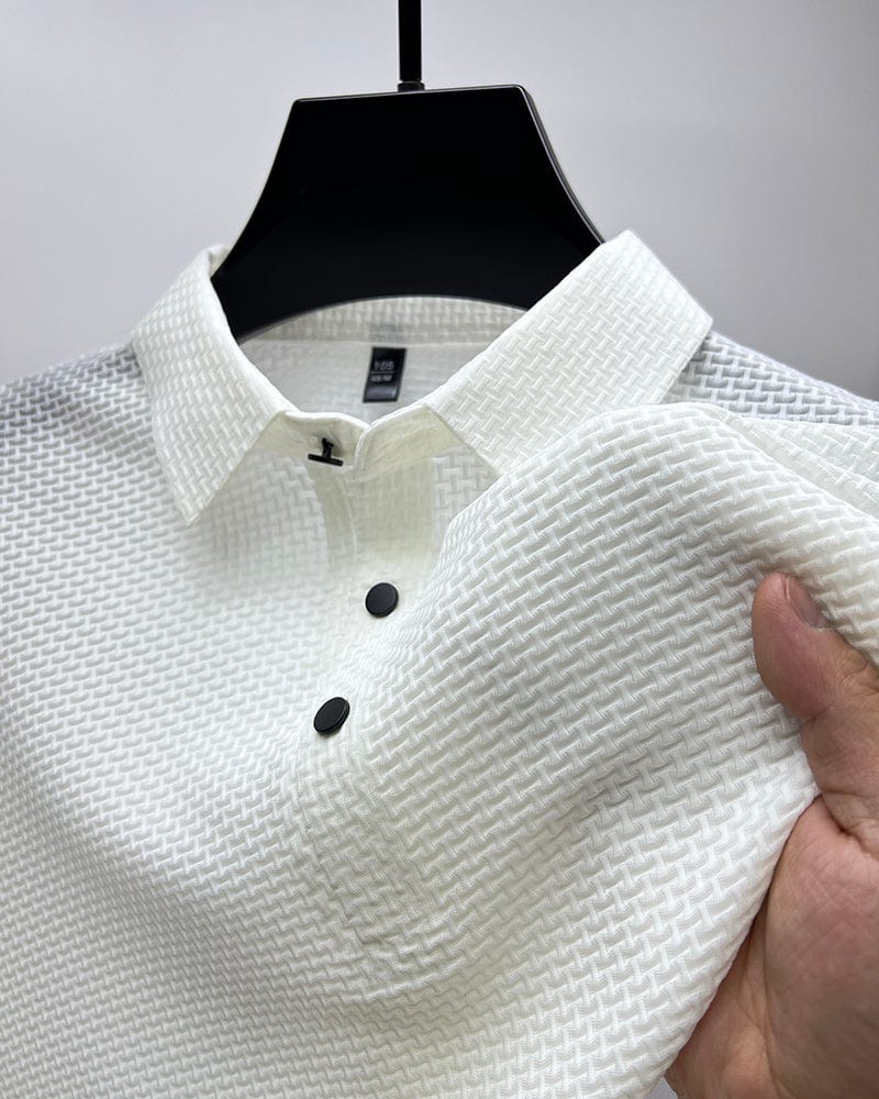 Men's Polo Shirt - Textured Waffle Pattern - Collar with Quarter Button Placket - Breathable