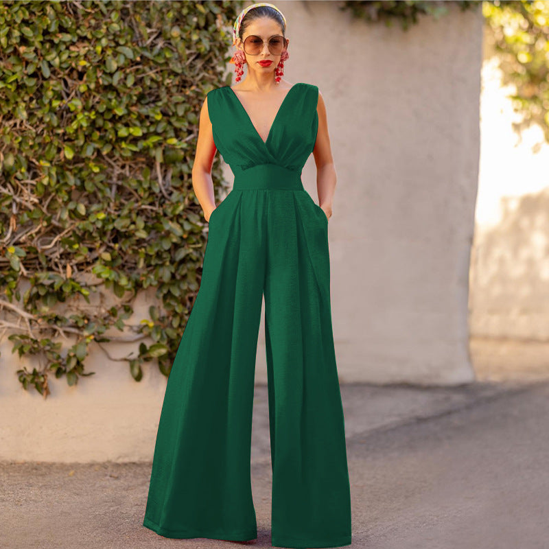 Women's Jumpsuit – High Waist – Deep V-neck – Wide Leg – Sleeveless Elegant Fit