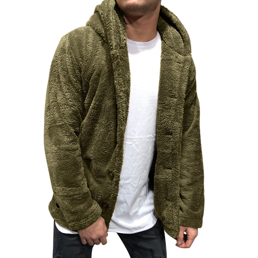 Men's Jacket with Hood – Plush Fleece – Relaxed Fit – Button Front