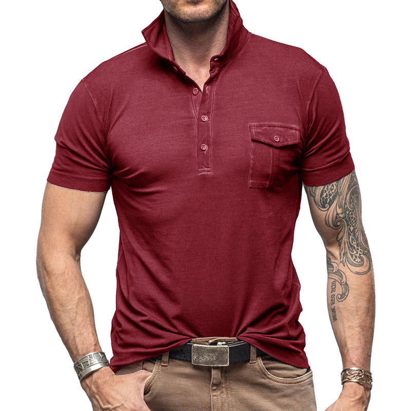 Men's Pique Shirt – Slim Fit – Short Sleeve – Breathable Cotton – Stand Collar – Chest Pocket