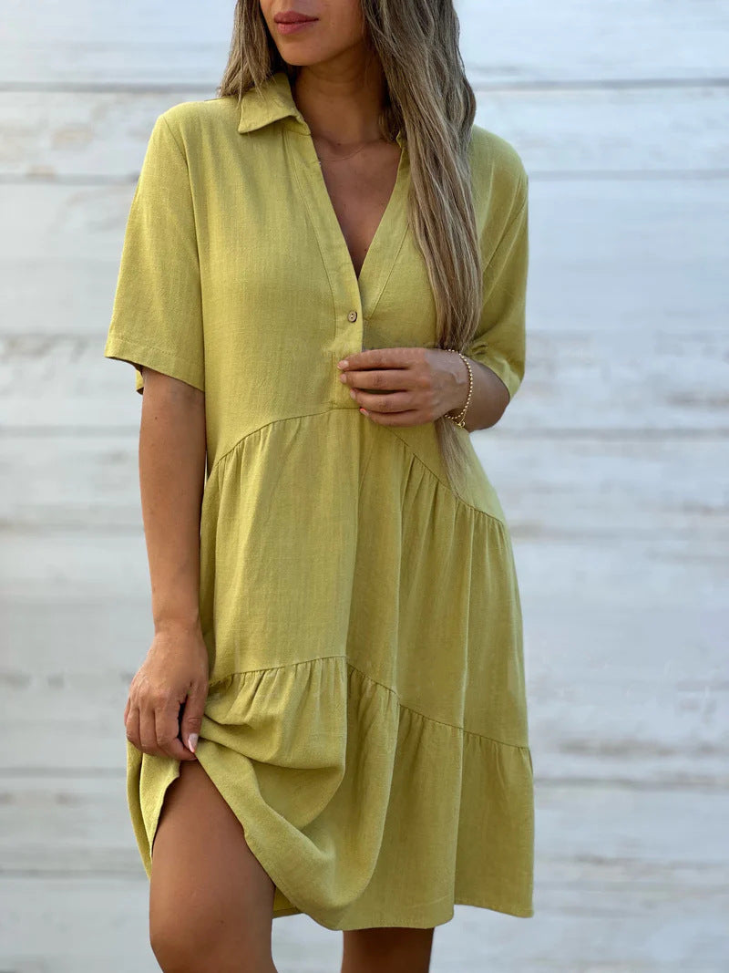 Dress for Women – Relaxed Fit – Short Sleeve – Collar – Layered – Natural Fibers