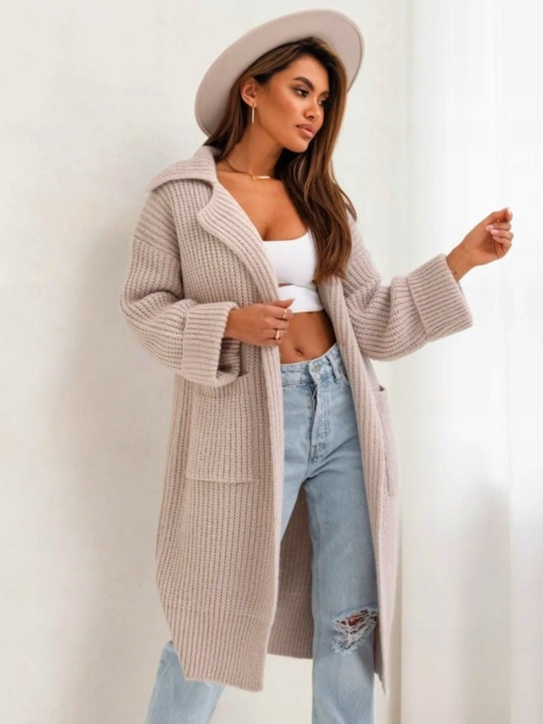 Women's Long Knitted Coat – Wool Blend – Oversized Fit – Hood and Pockets