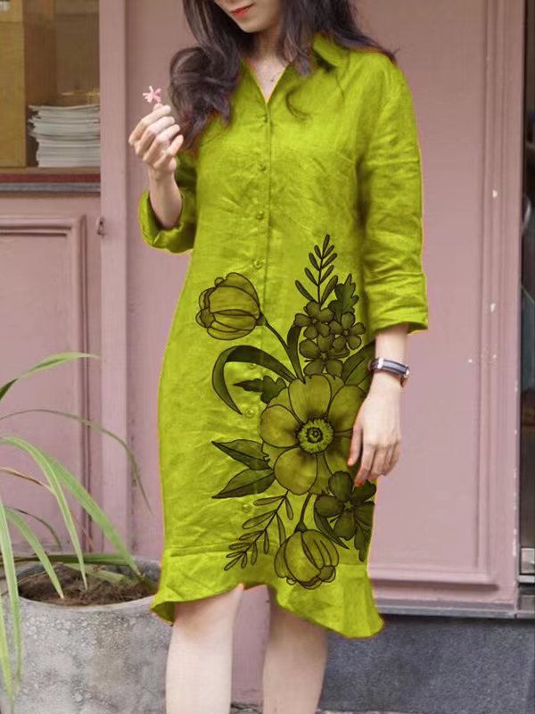 Women's Shirt Dress – Relaxed Fit – Cotton Feel – Buttons – Knee Length – Floral Print