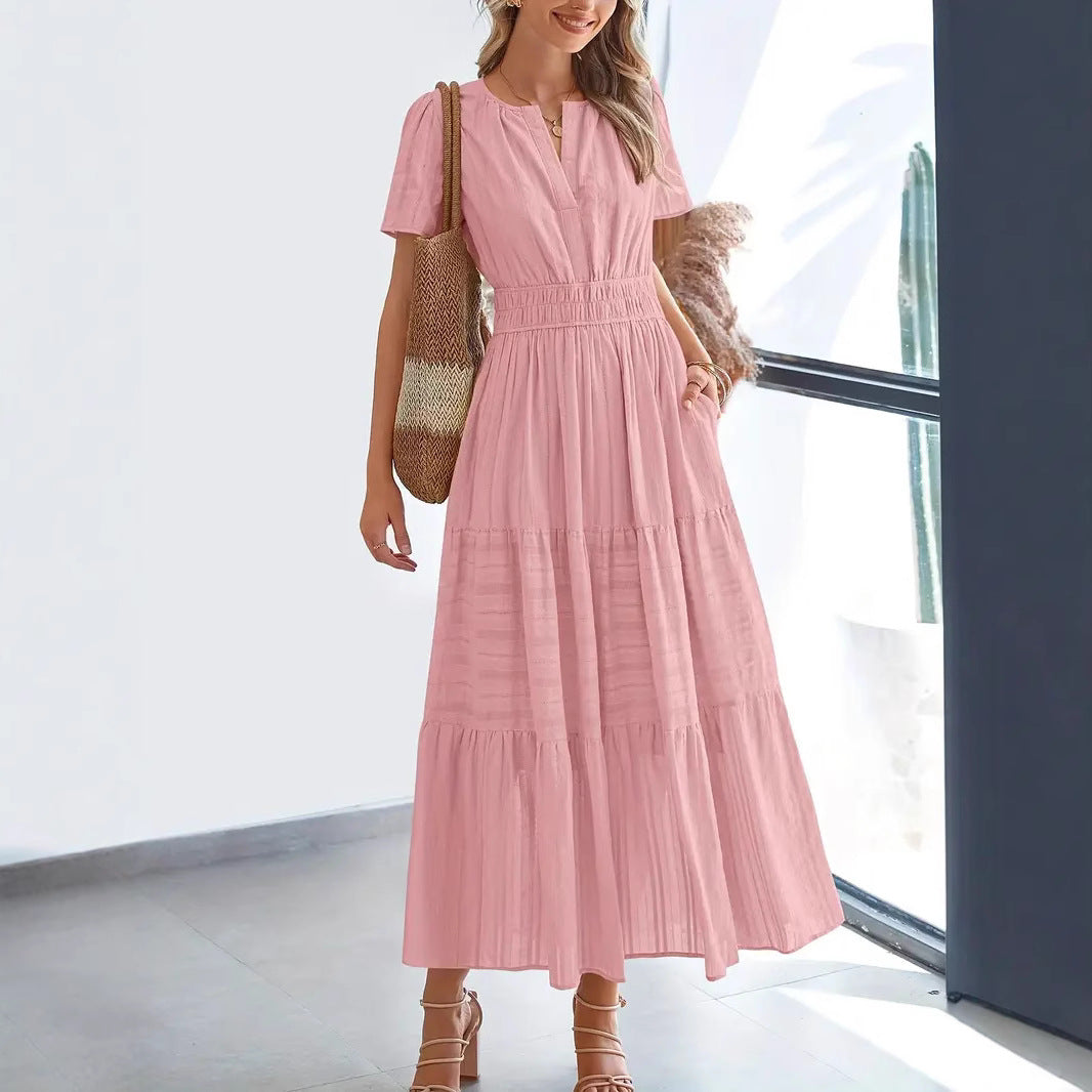 Women's Maxi Dress – V-Neck – Puff Sleeves – Light A-Line – Ruched Waist – Layered Skirt