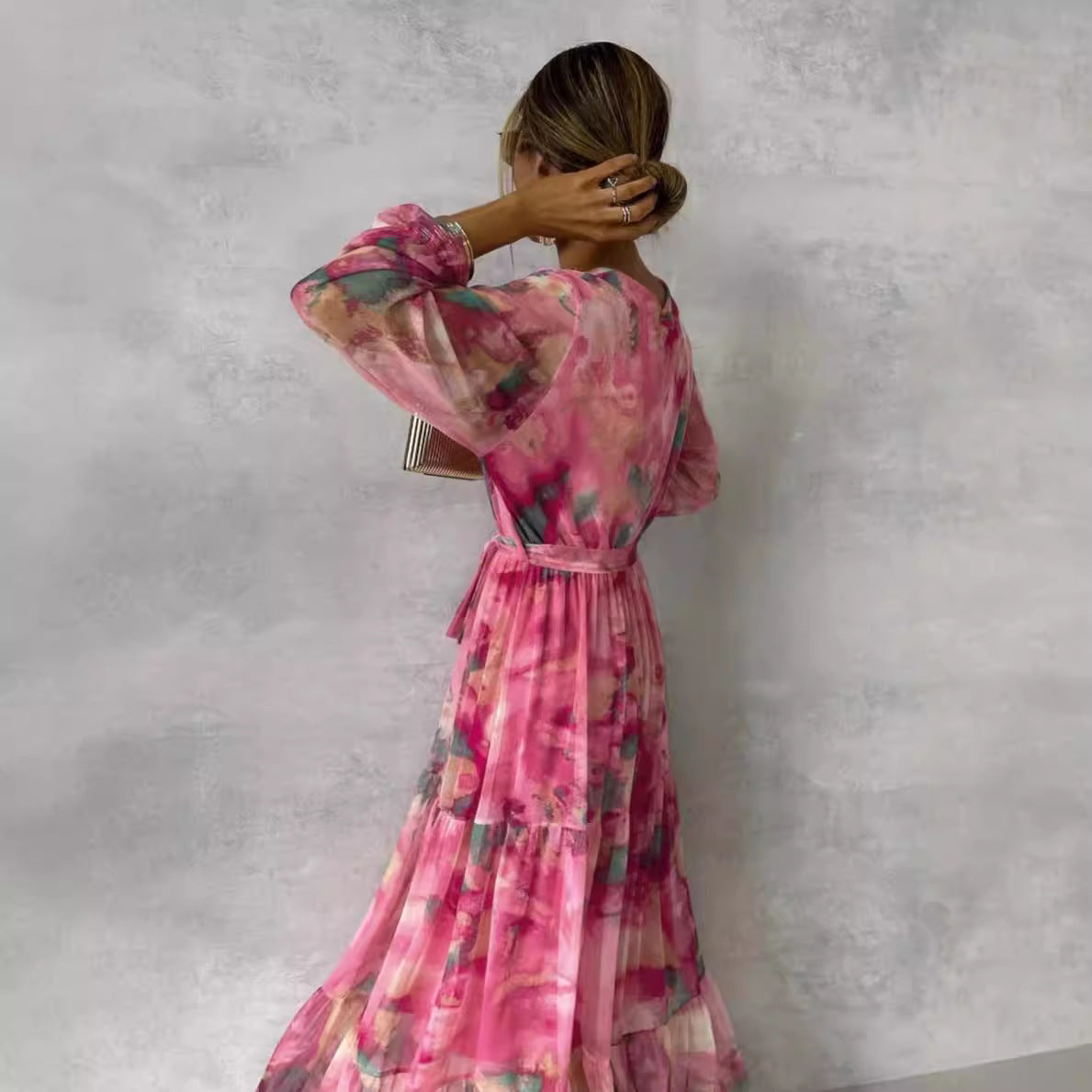Dress Women Long – V-Neck – Belt at Waist – Layered Skirt – Chiffon Loose Fit