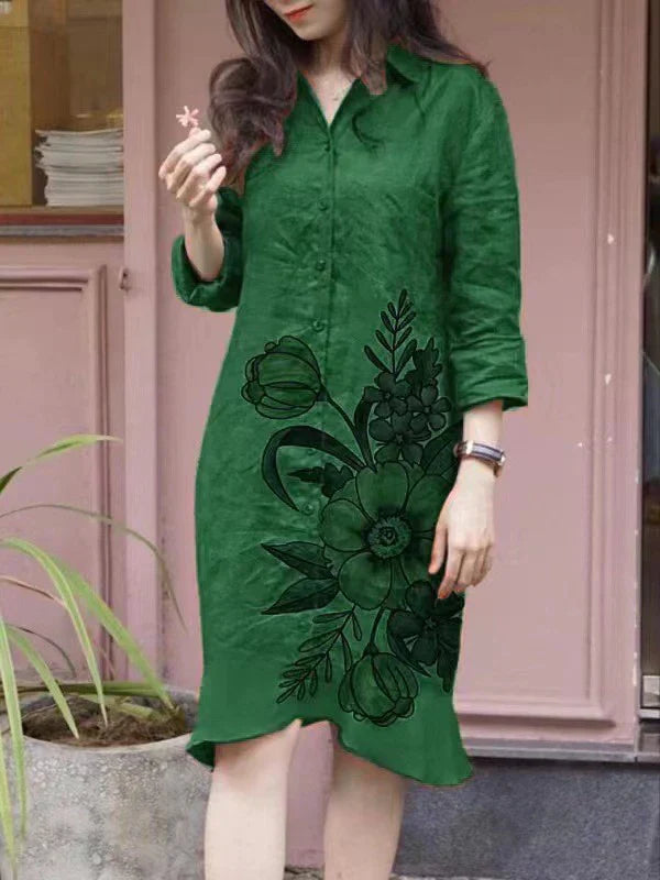 Women's Shirt Dress – Relaxed Fit – Cotton Feel – Buttons – Knee Length – Floral Print