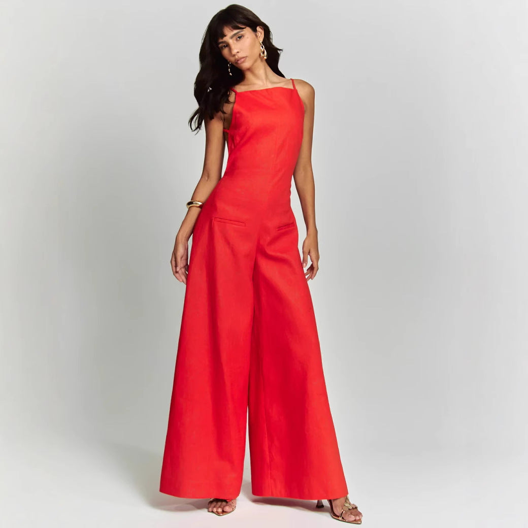 Women's Jumpsuit – Sleeveless – Wide Leg – Relaxed Fit – Cotton Linen Blend