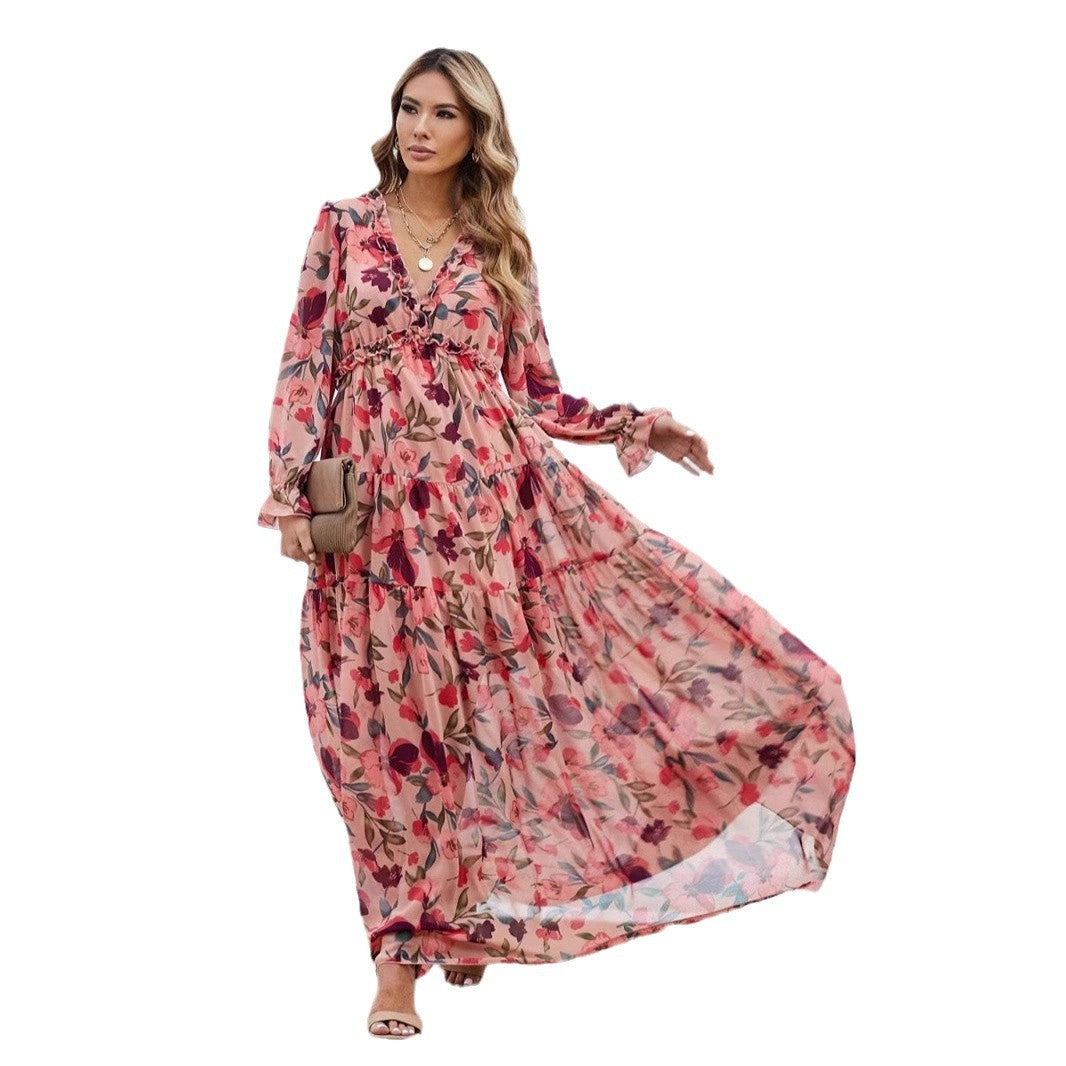 Kjole for dame – Chiffon – Bohemsk passform – V-hals – Blomsterprint – Maksilengde