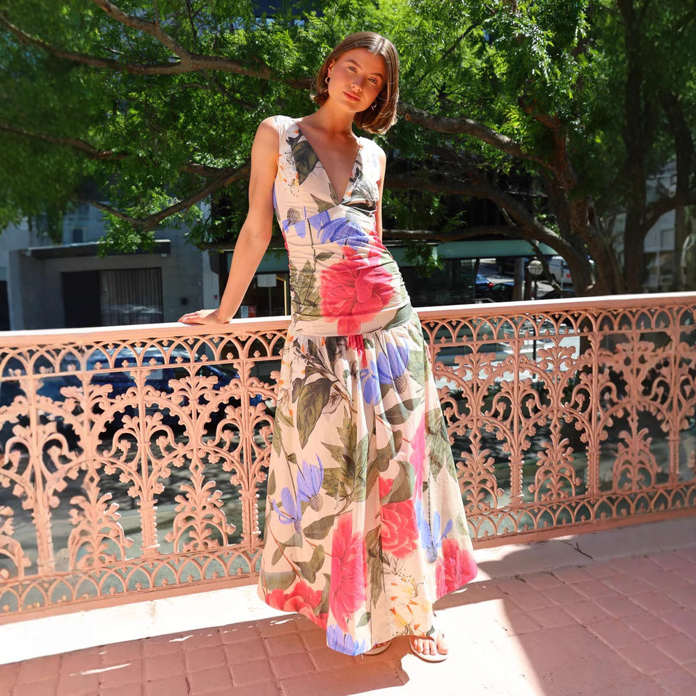 Dress woman – Maxi dress – Slim fit – Deep V-neck – Spaghetti straps – Floral print