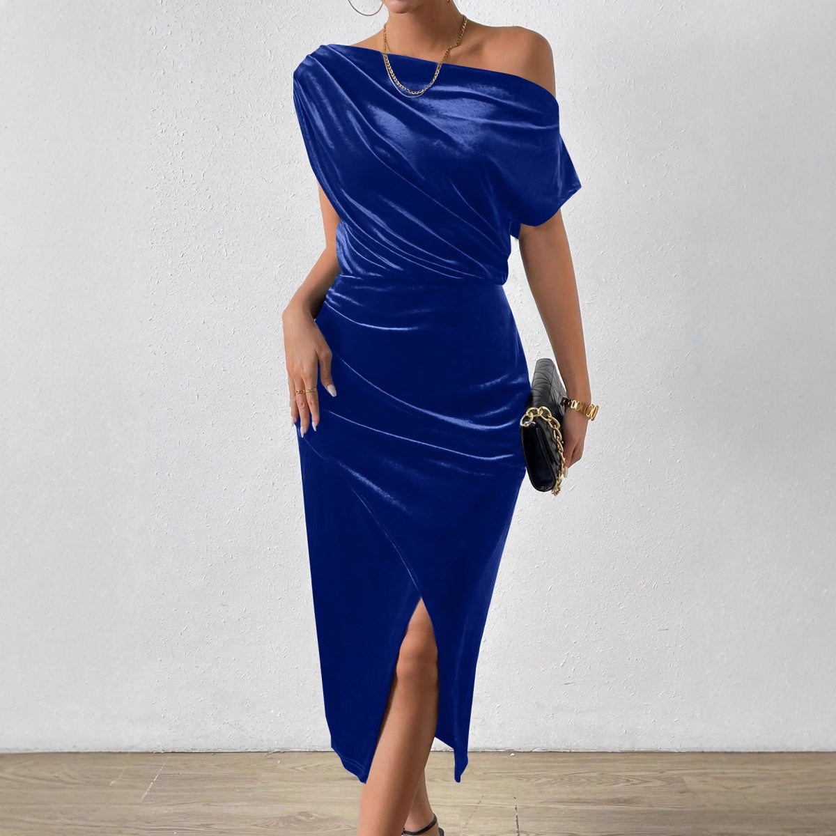 Dress for Women – One-Shoulder Design – Velvet – Draped Fit – Ruched Midi with Slit