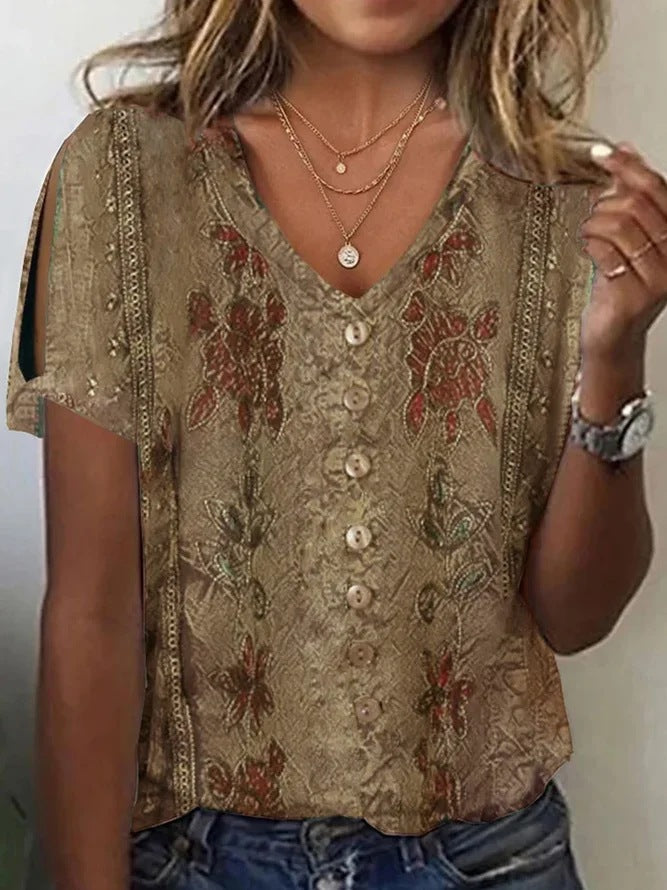 Women's Blouse – Relaxed Fit – V-Neck – Buttons – Embroidered Boho – Soft Fabric