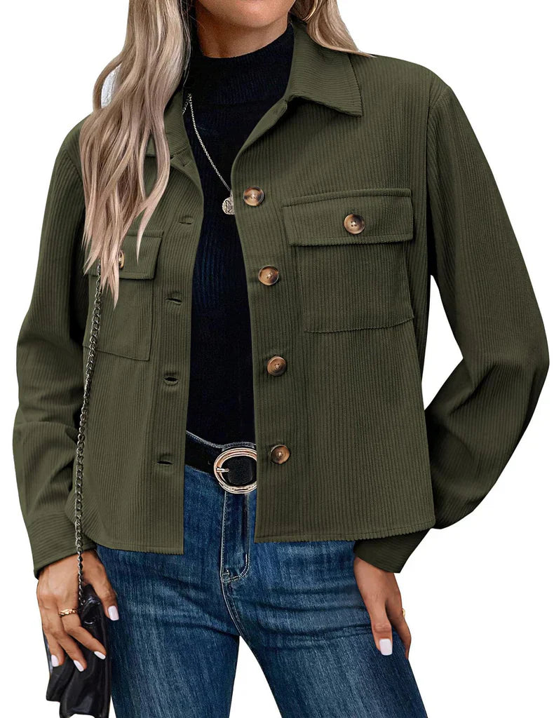 Women's Jacket – Relaxed Fit – Ribbed Texture – Buttons – Chest Pockets