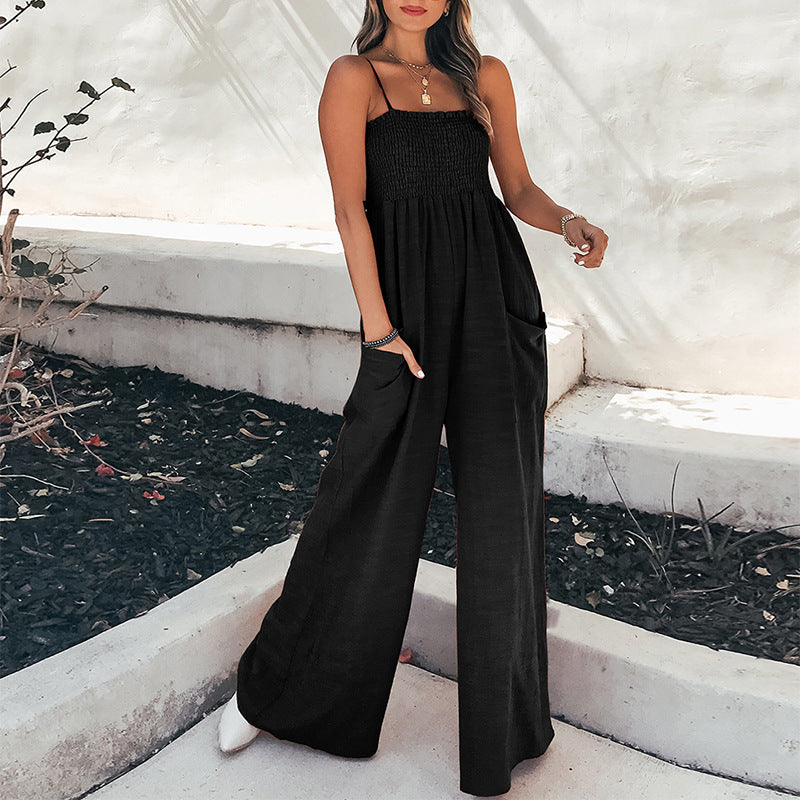 Women's jumpsuit – relaxed fit – ruched bodice – pockets – full length – breathable fabric
