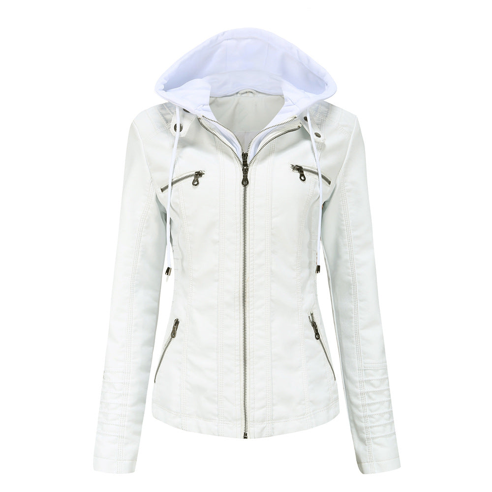 Women's Jacket with Hood – Slim Fit – Faux Leather – Detachable Hood – Zipper Pockets