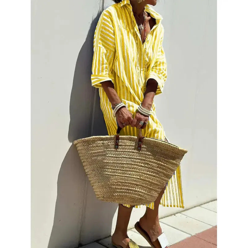 Women's Shirt Dress – Relaxed Fit – Geometric Pattern – Knee-Length – Button Front