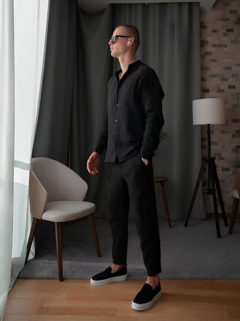 Men's Set – Linen Blend – Relaxed Fit – Button-Up Shirt and Slim Pants