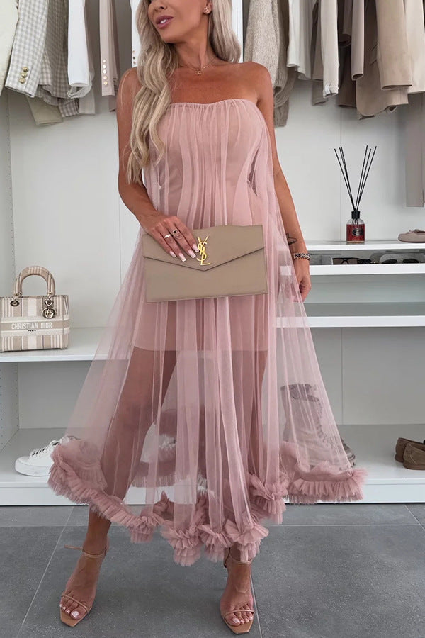 Women's Dress Midi – Strapless Tulle – Loose A-line – Ruffle Hem Casual Style