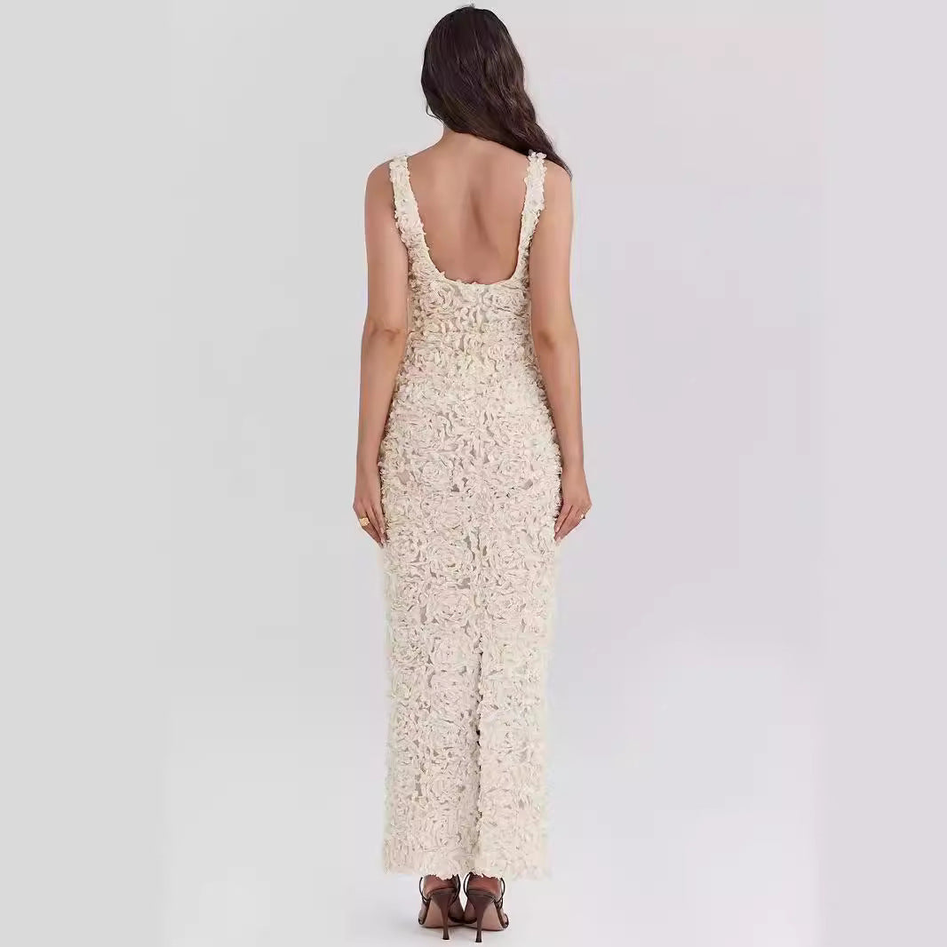 Dress for Women – Slim Fit – 3D Floral Texture – Deep Neckline – Ankle Length