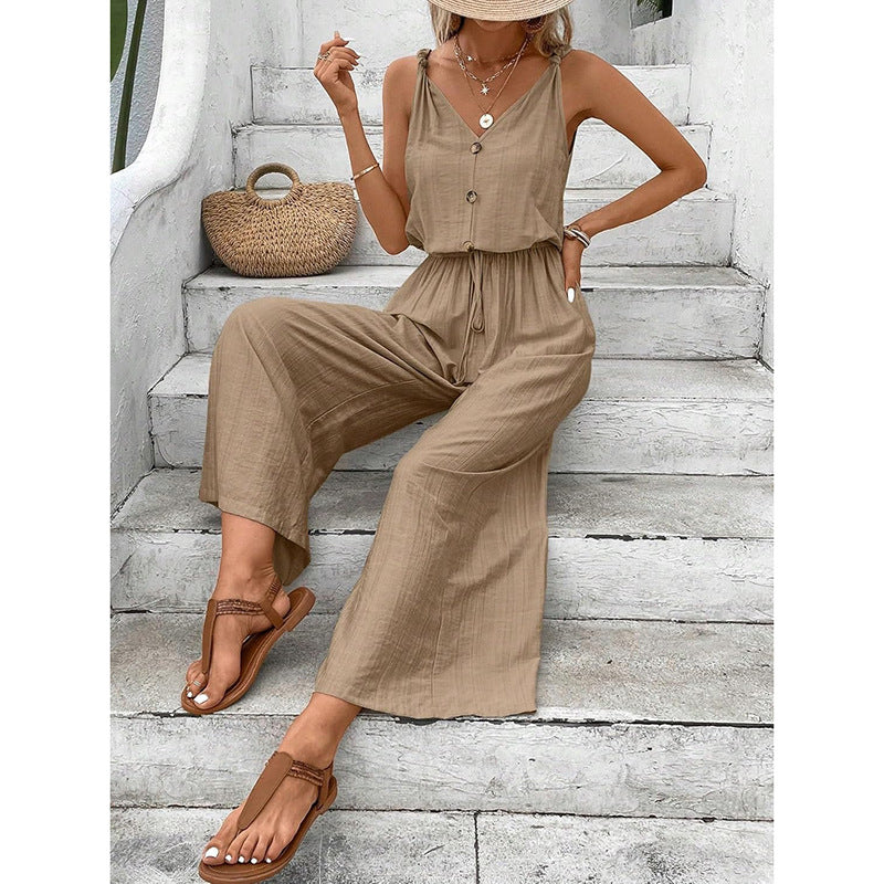 Women's Jumpsuit – Wide Leg – Sleeveless – Buttons – Relaxed Fit Cotton Blend
