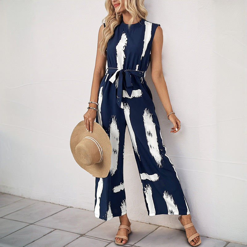Dame Jumpsuit – Ermeløs – Vide Ben – Knyting i Midjen – Lett Stoff med Print