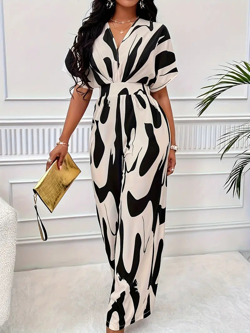 Dame jumpsuit – V-hals – Vidde ben – Korte ermer – Elastisk liv – Abstrakt mønster