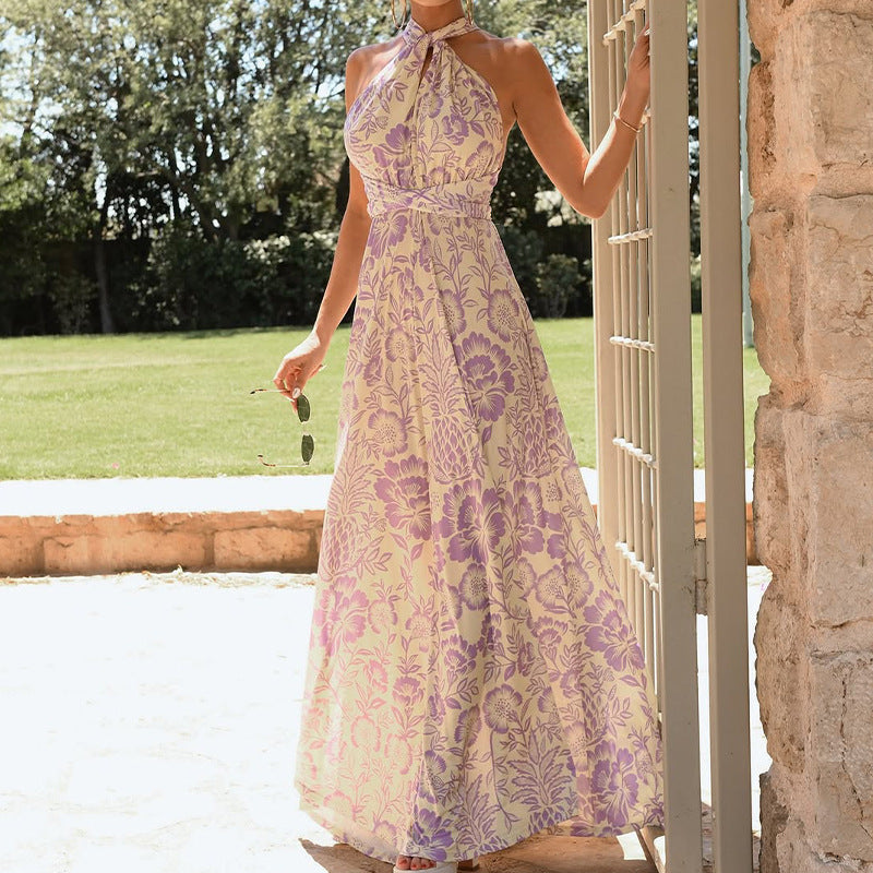 Dress woman – Halterneck – Floral print – Open back – Floor-length – Elegant fit