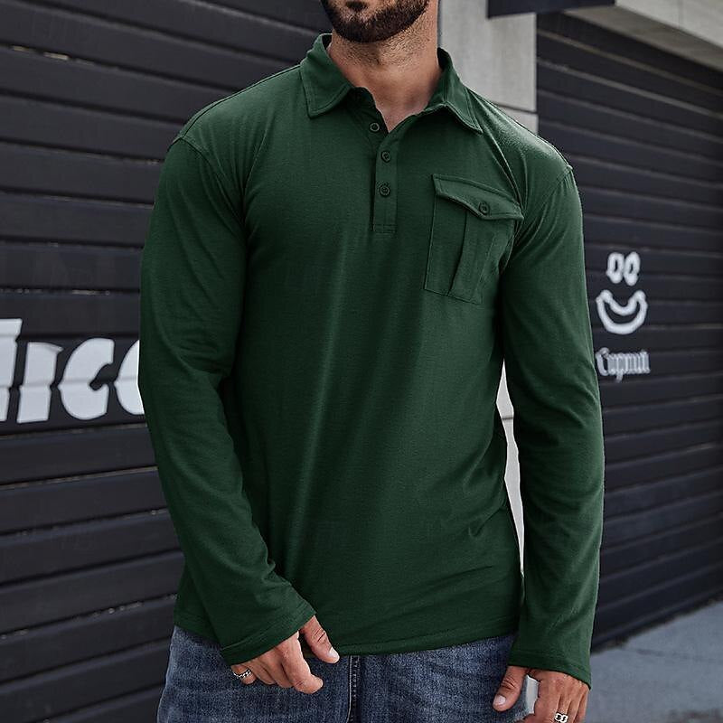 Men's Henley Pique Shirt – Long Sleeve – Modern Collar – Chest Pocket – Regular Fit