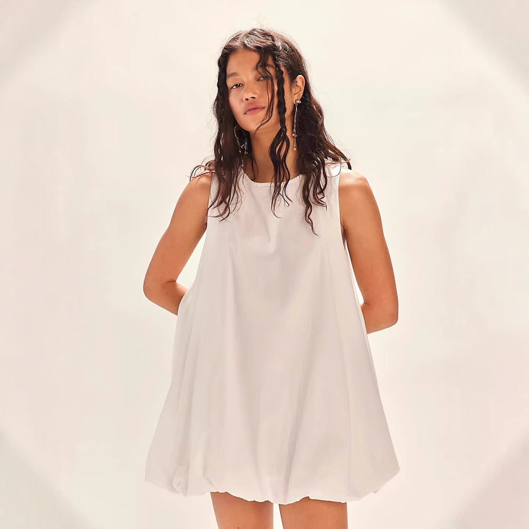 Dress woman – mini dress in 100% cotton – sleeveless loose fit – open back lantern cut