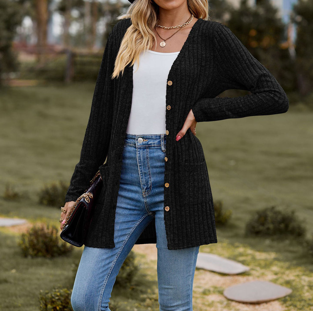 Women's Cardigan – Wool Knit – Relaxed Fit – Buttons – Rib Knit with Pockets