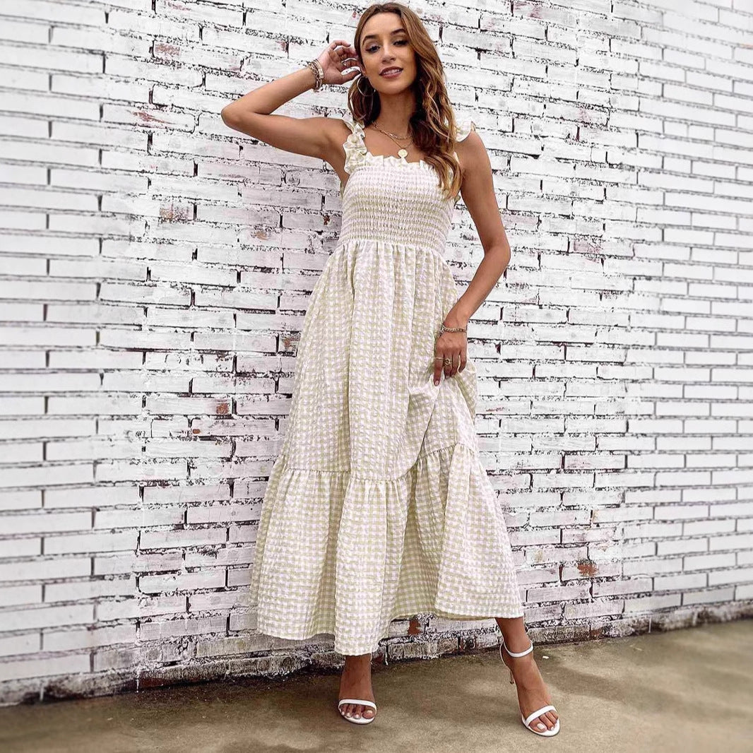 Women's Maxi Dress – Smocked Bodice – Spaghetti Straps – Ruffled Skirt – Checkered Pattern