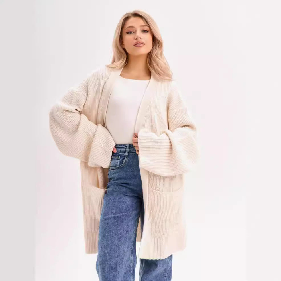 Women's Cardigan – Knitted Wool Blend – Oversized Fit – Long Sleeves – Open Front