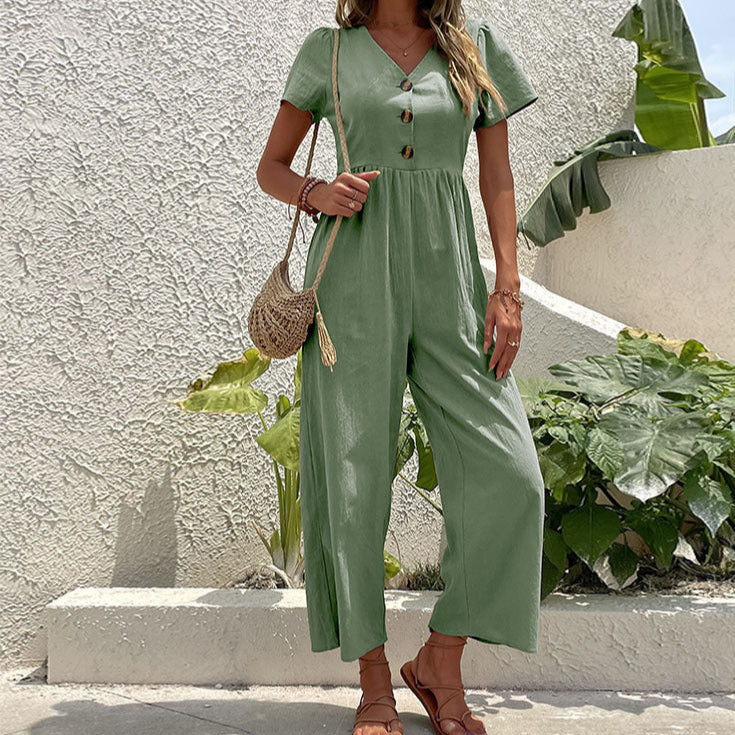Dame jumpsuit – linblanding – avslappet passform – kort erm – vide ben – full lengde