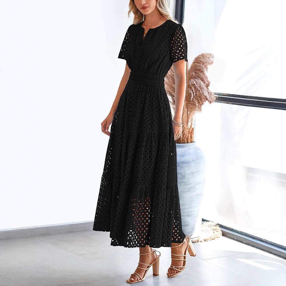 Women's Long Dress – Embroidered Lace – V-neck – Short Sleeve – Loose Fit