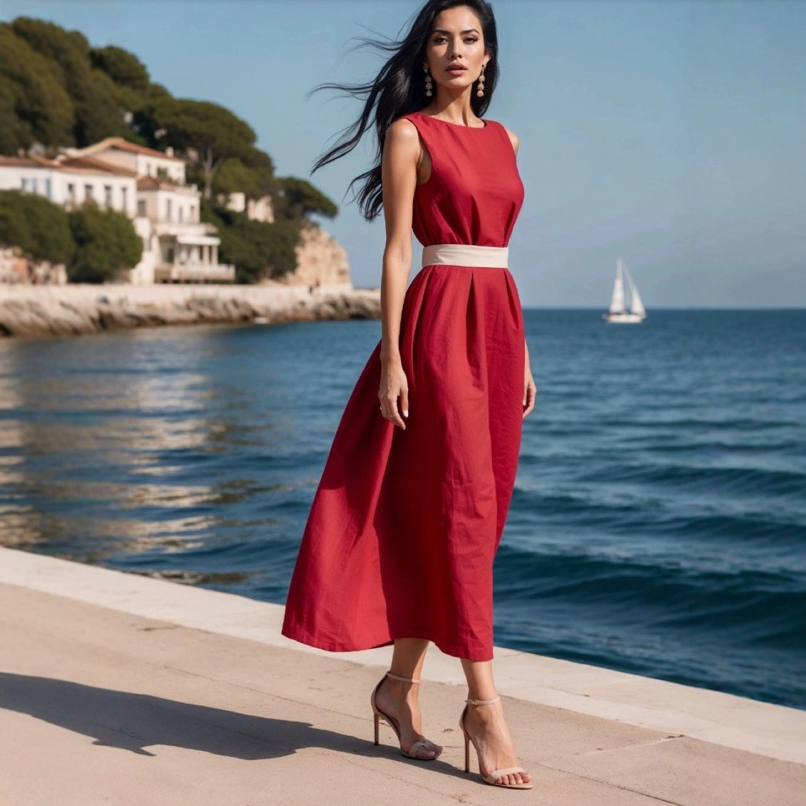 Women's Dress Midi – Sleeveless A-line – Tie Belt at Waist – Natural Fibers