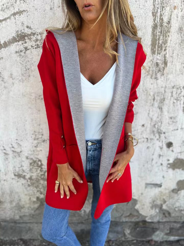 Women's Cardigan with Hood – Soft Knit – Relaxed Fit – Contrast Trim – Pockets