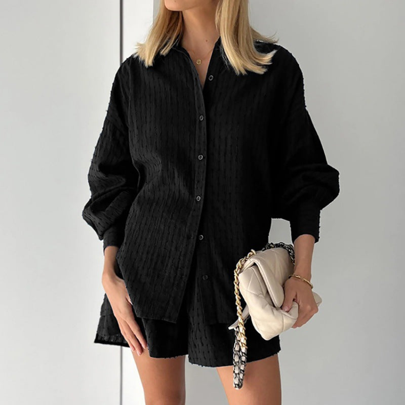 Women's set with blouse and shorts – Jacquard fabric – Relaxed fit – Puff sleeves