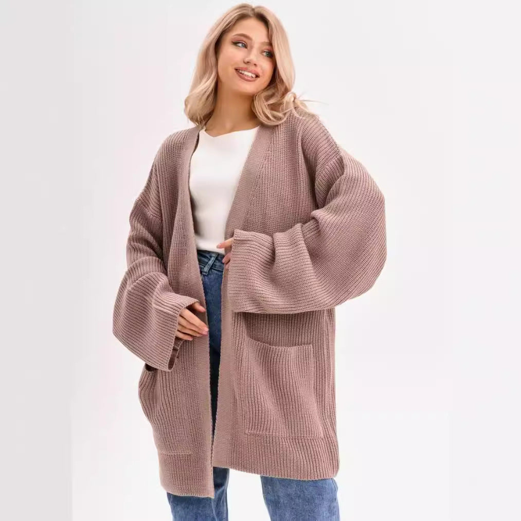 Women's Cardigan – Knitted Wool Blend – Oversized Fit – Long Sleeves – Open Front