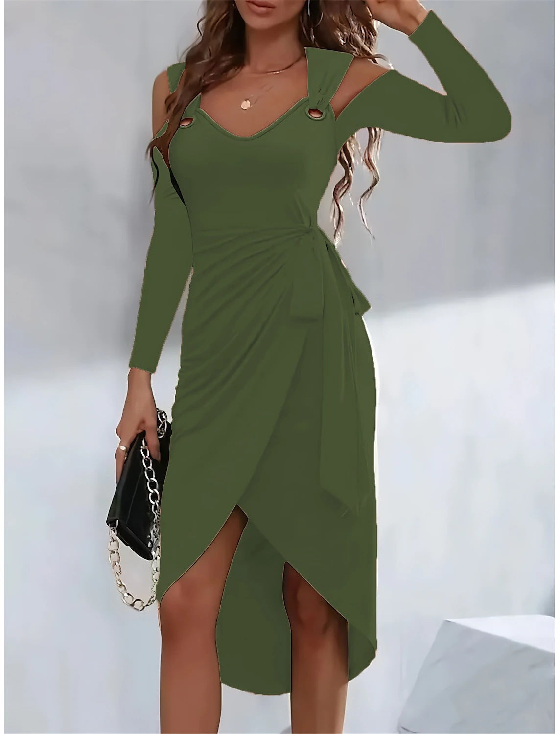 Dress for Women – Slim Fit – V-Neckline – Shoulder Openings – Waistband – Asymmetric Hem