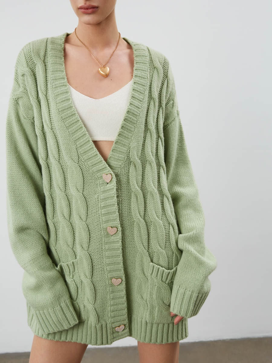 Women's Cardigan – Oversized Fit – Chunky Knit – Cable Pattern – Heart Buttons