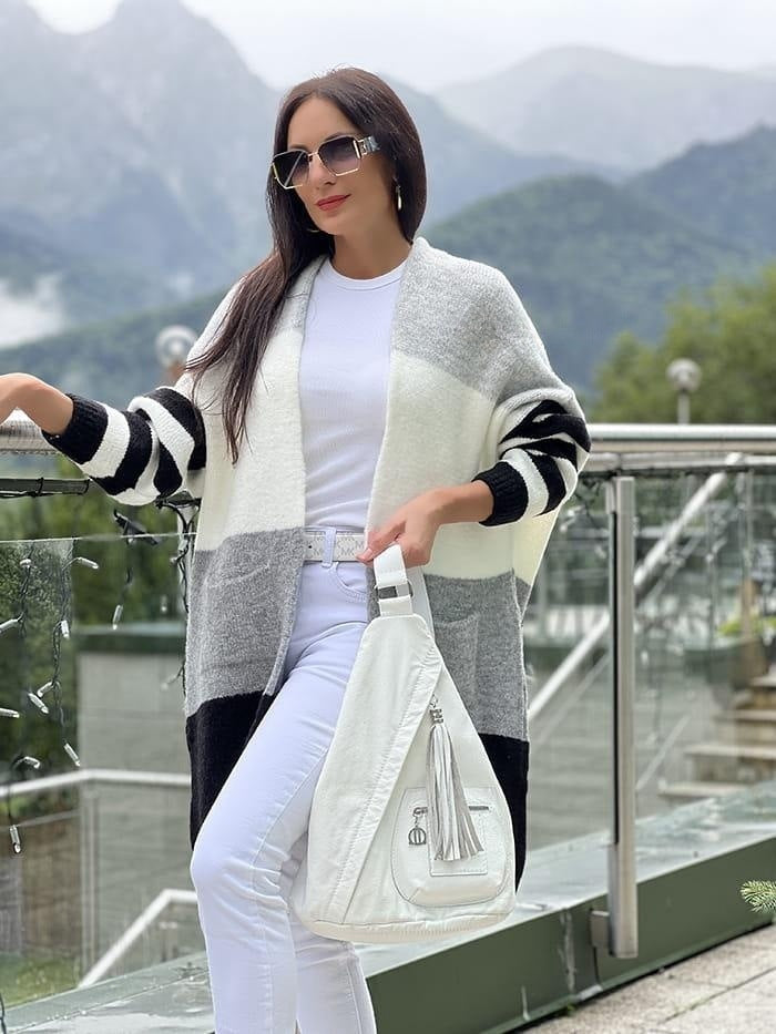 Women's Cardigan – Oversized Fit – Long Sleeved – Open Front – Block Striped Pattern
