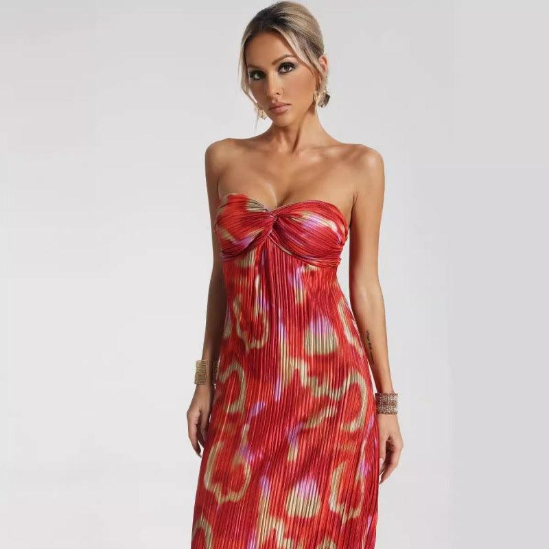 Dress for Women – Strapless Maxi Dress – Slim Fit – Pleated Fabric – Abstract Pattern