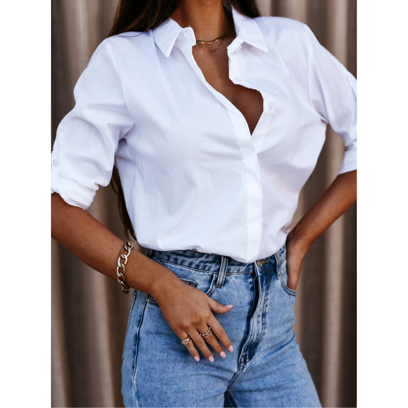 Women's Blouse – V-Neck – Relaxed Fit – Breathable Fabric – Long Sleeves with Button Cuff