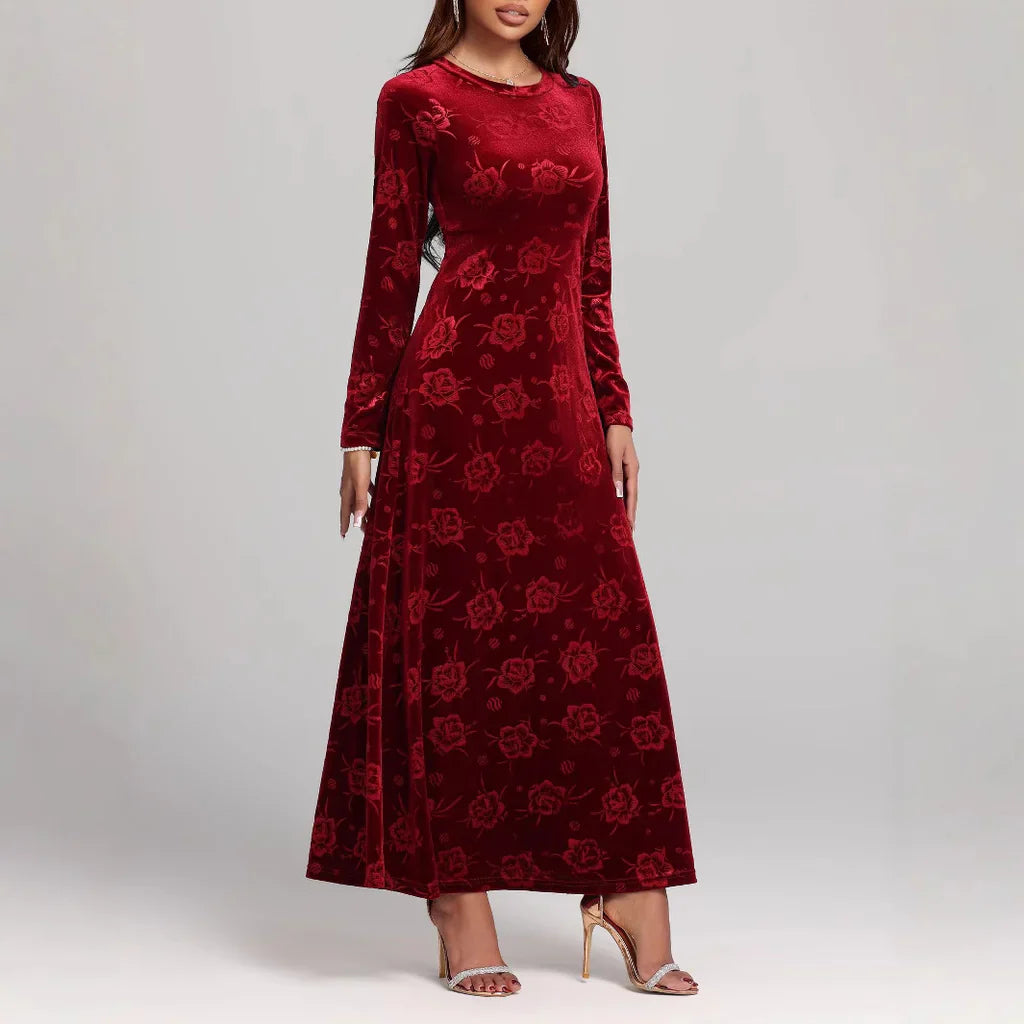 Dress woman maxi – velvet A-line – embossed floral pattern – long sleeves