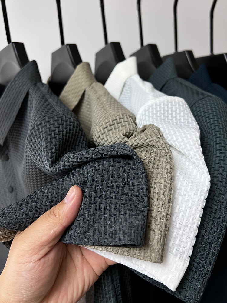 Men's Polo Shirt - Textured Waffle Pattern - Collar with Quarter Button Placket - Breathable